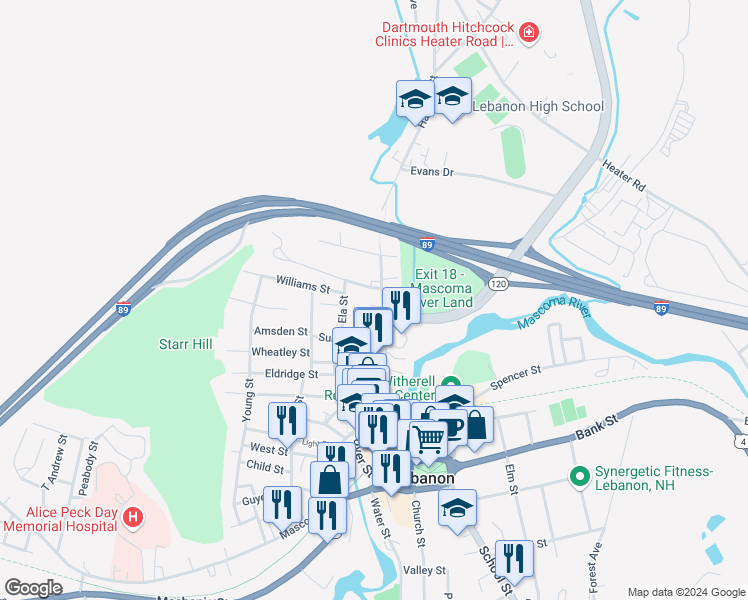 map of restaurants, bars, coffee shops, grocery stores, and more near 137 Hanover Street in Lebanon