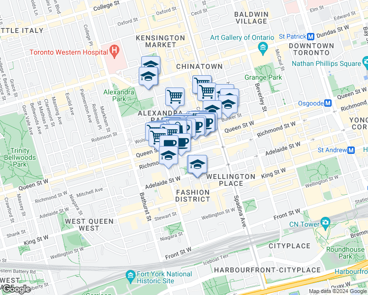 map of restaurants, bars, coffee shops, grocery stores, and more near 543 Queen Street West in Toronto