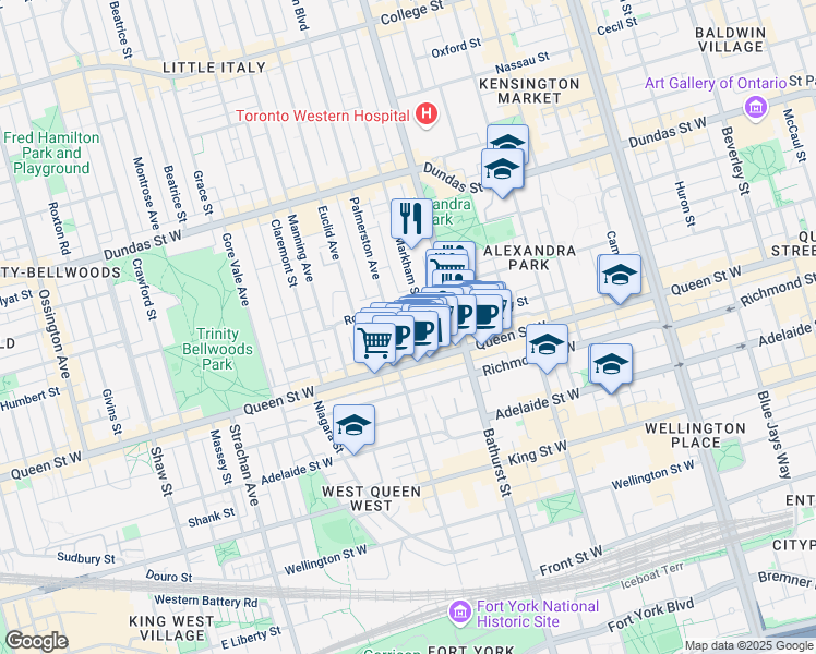 map of restaurants, bars, coffee shops, grocery stores, and more near in Toronto