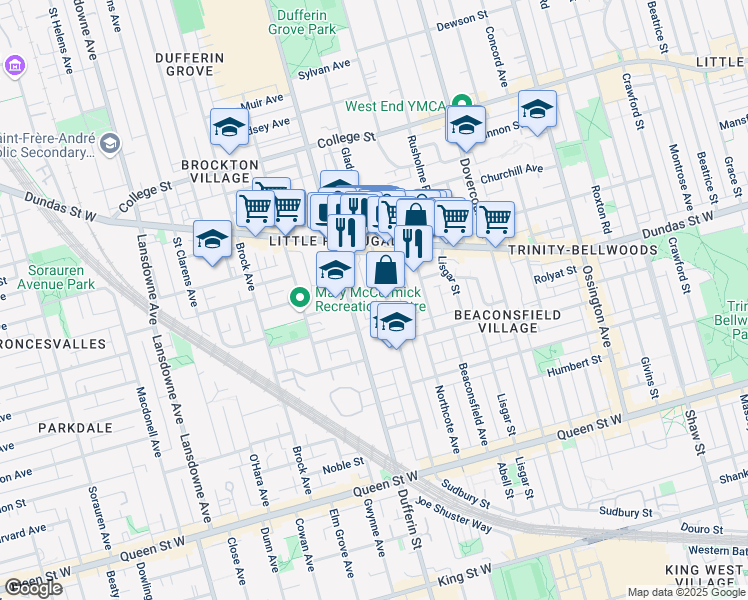map of restaurants, bars, coffee shops, grocery stores, and more near in Toronto