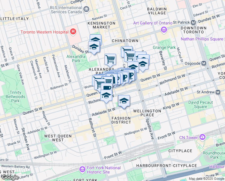 map of restaurants, bars, coffee shops, grocery stores, and more near 543 Queen Street West in Toronto