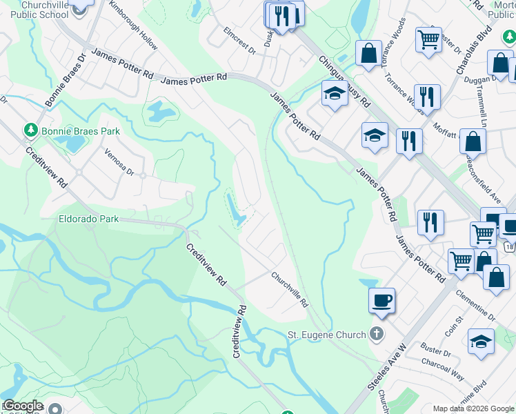 map of restaurants, bars, coffee shops, grocery stores, and more near 132 Leadership Drive in Brampton