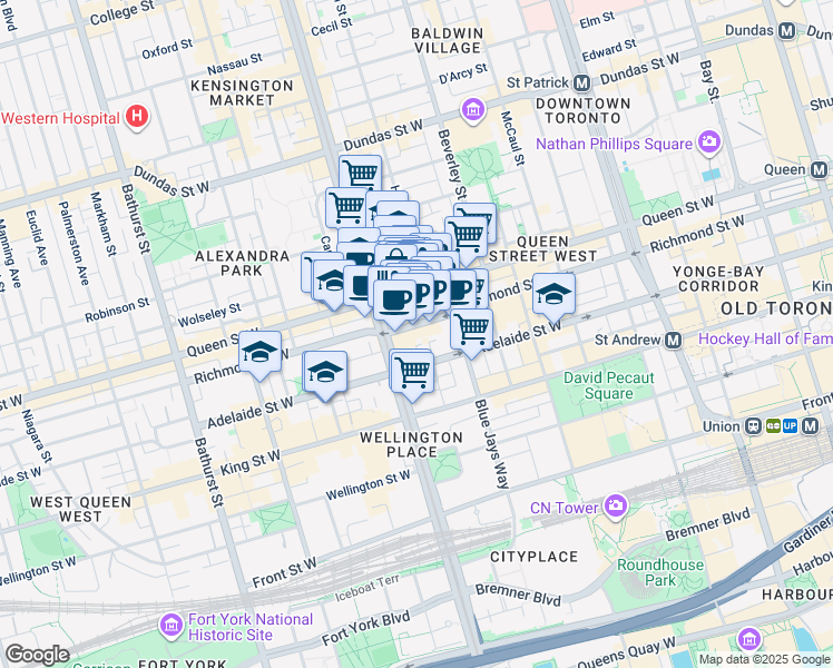 map of restaurants, bars, coffee shops, grocery stores, and more near 401 Richmond Street West in Toronto