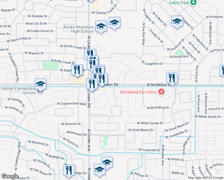 map of restaurants, bars, coffee shops, grocery stores, and more near 4745 North Zachary Way in Meridian