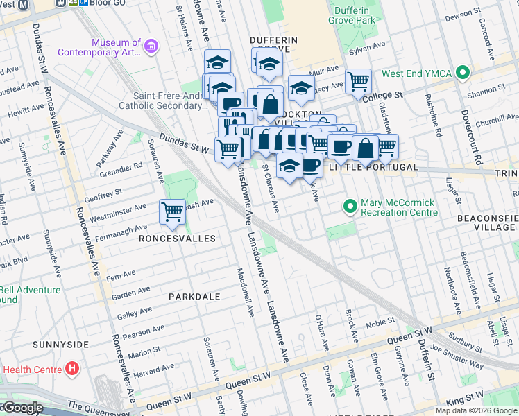 map of restaurants, bars, coffee shops, grocery stores, and more near 59 Shirley Street in Toronto