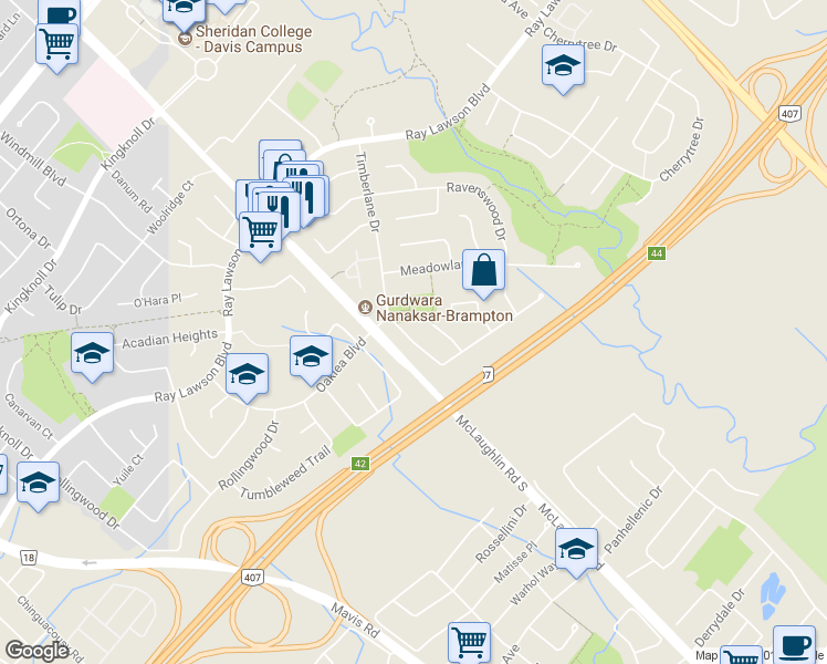 map of restaurants, bars, coffee shops, grocery stores, and more near 87 Timberlane Drive in Brampton