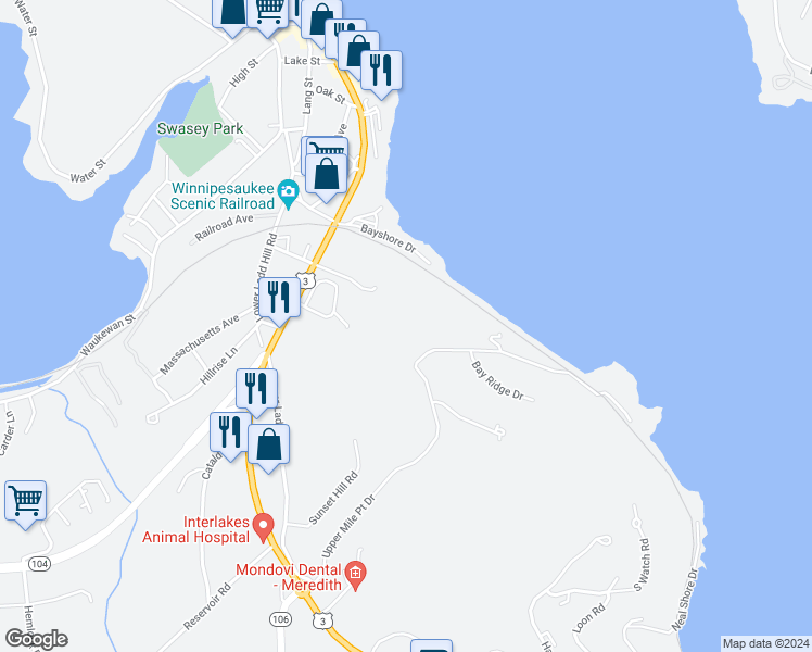 map of restaurants, bars, coffee shops, grocery stores, and more near in Meredith