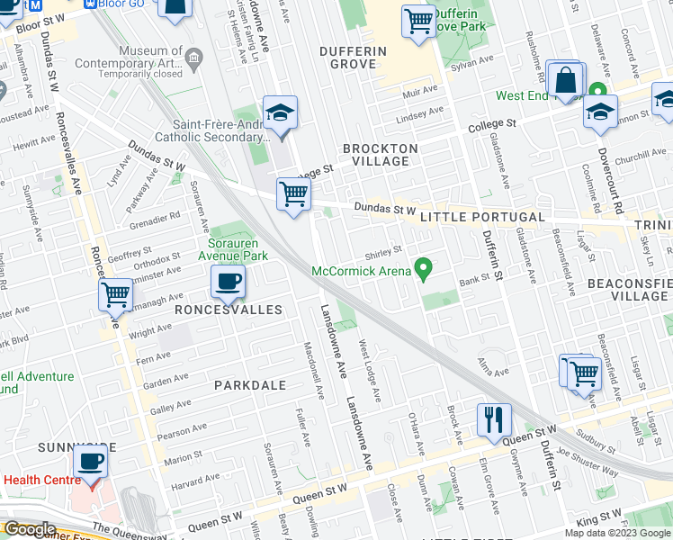 map of restaurants, bars, coffee shops, grocery stores, and more near 55 Shirley Street in Toronto