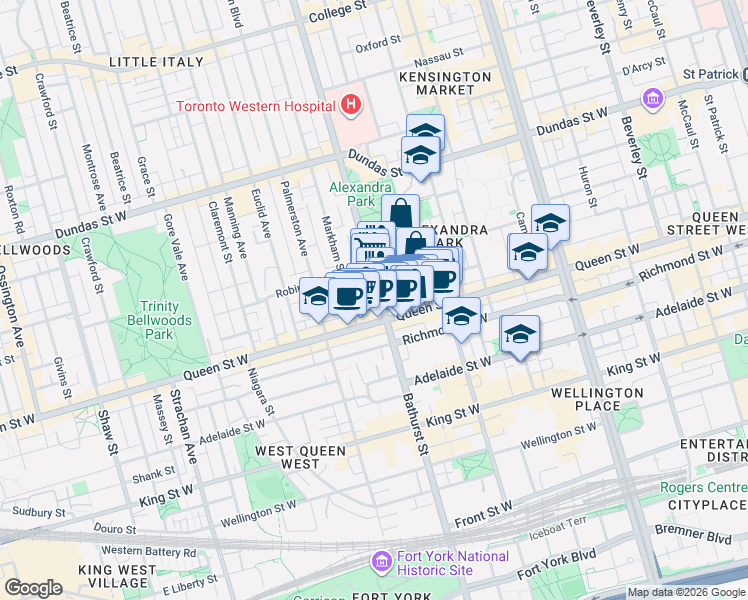 map of restaurants, bars, coffee shops, grocery stores, and more near 200 Bathurst Street in Toronto