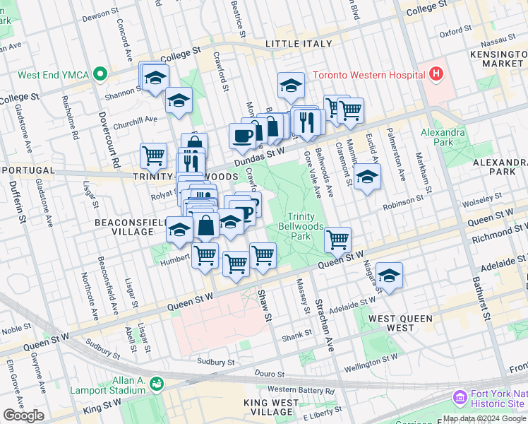 map of restaurants, bars, coffee shops, grocery stores, and more near 197 Crawford Street in Toronto