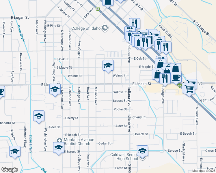map of restaurants, bars, coffee shops, grocery stores, and more near 2408 South Ohio Avenue in Caldwell