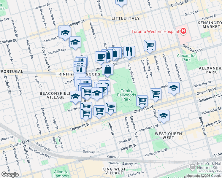 map of restaurants, bars, coffee shops, grocery stores, and more near 197 Crawford Street in Toronto
