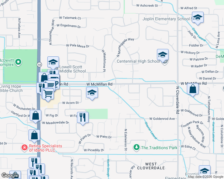 map of restaurants, bars, coffee shops, grocery stores, and more near 4866 North Maidstone Place in Boise