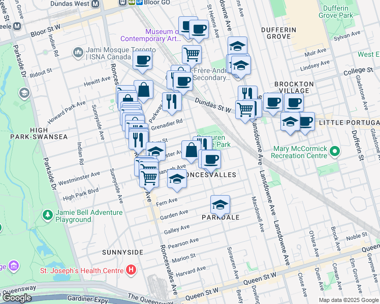 map of restaurants, bars, coffee shops, grocery stores, and more near 25 Westminster Avenue in Toronto