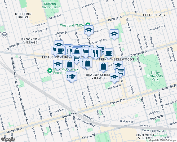 map of restaurants, bars, coffee shops, grocery stores, and more near 247 Lisgar Street in Toronto