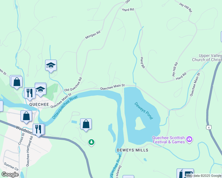map of restaurants, bars, coffee shops, grocery stores, and more near 694 Quechee Main Street in Hartford