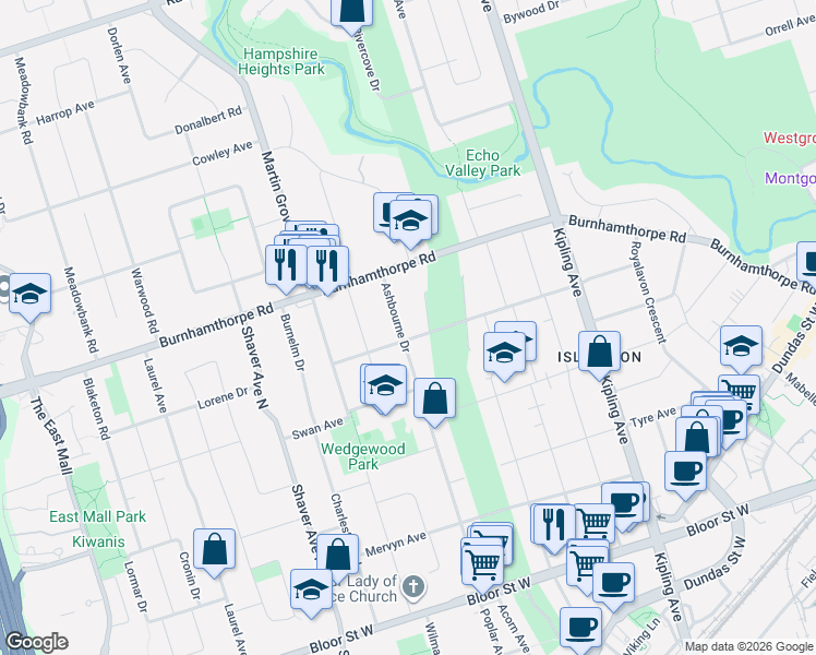 map of restaurants, bars, coffee shops, grocery stores, and more near 115 Ashbourne Drive in Toronto