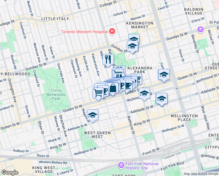 map of restaurants, bars, coffee shops, grocery stores, and more near 24 Markham Street in Toronto