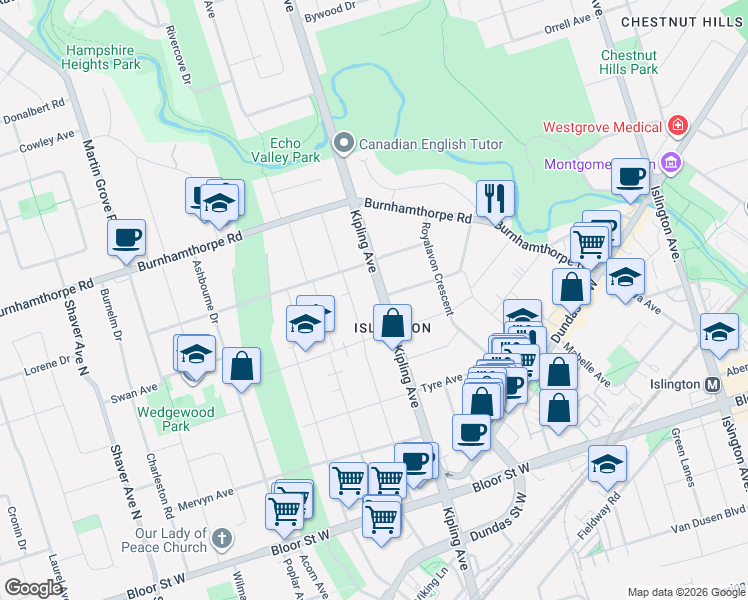 map of restaurants, bars, coffee shops, grocery stores, and more near 1060 Kipling Avenue in Toronto