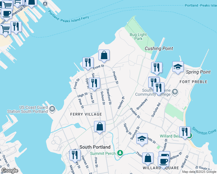 map of restaurants, bars, coffee shops, grocery stores, and more near 100 Stanford Street in South Portland
