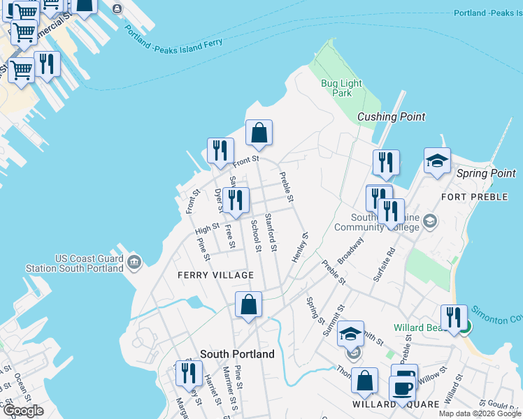 map of restaurants, bars, coffee shops, grocery stores, and more near 100 Stanford Street in South Portland