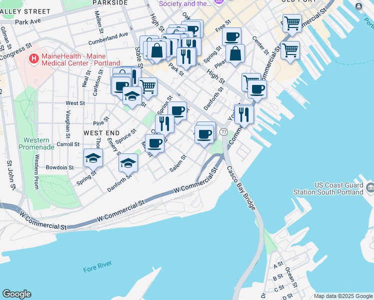 map of restaurants, bars, coffee shops, grocery stores, and more near 188 Danforth Street in Portland