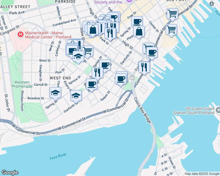 map of restaurants, bars, coffee shops, grocery stores, and more near 188 Danforth Street in Portland