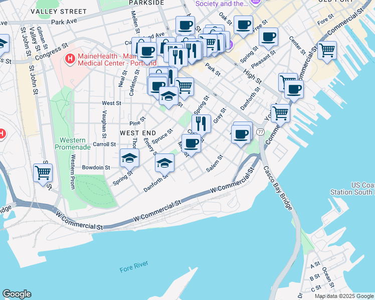 map of restaurants, bars, coffee shops, grocery stores, and more near 112 Clark Street in Portland