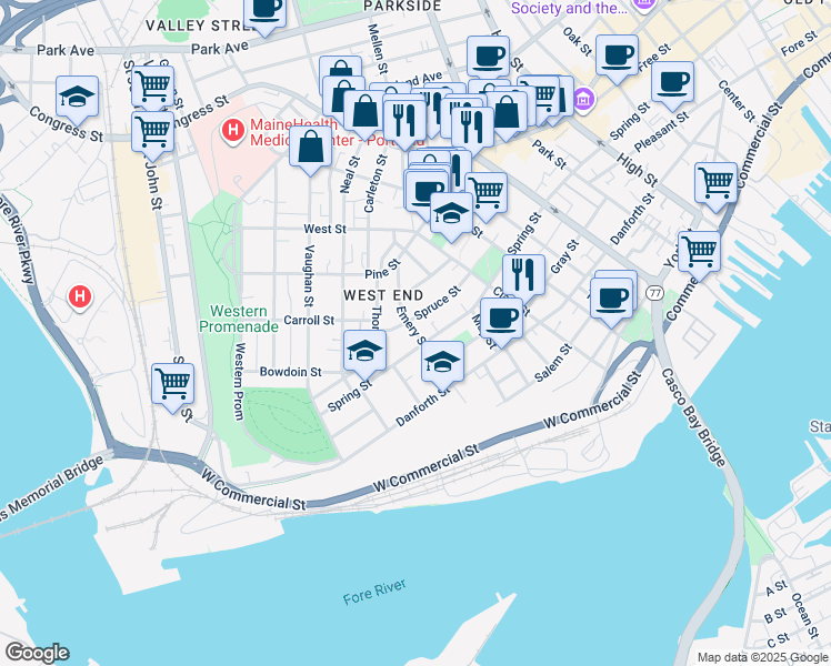 map of restaurants, bars, coffee shops, grocery stores, and more near 83 Spruce Street in Portland