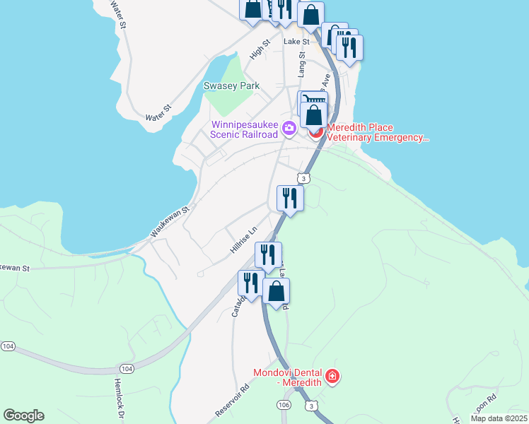 map of restaurants, bars, coffee shops, grocery stores, and more near 7 Massachusetts Avenue in Meredith