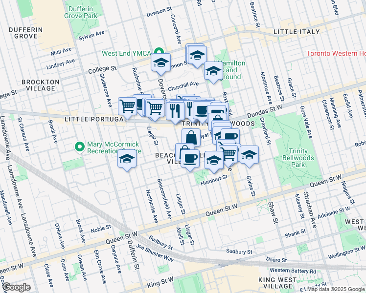 map of restaurants, bars, coffee shops, grocery stores, and more near in Toronto