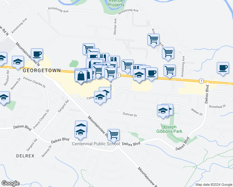 map of restaurants, bars, coffee shops, grocery stores, and more near 35 Raylawn Crescent in Halton Hills