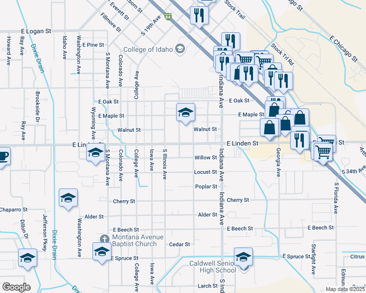 map of restaurants, bars, coffee shops, grocery stores, and more near 2408 South Ohio Avenue in Caldwell