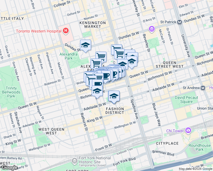 map of restaurants, bars, coffee shops, grocery stores, and more near 535 Queen Street West in Toronto