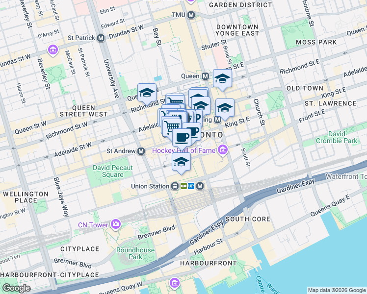 map of restaurants, bars, coffee shops, grocery stores, and more near 66 Wellington Street West in Toronto