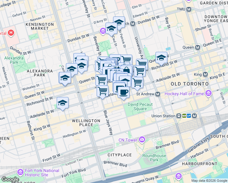 map of restaurants, bars, coffee shops, grocery stores, and more near 570 Wellington Street West in Toronto