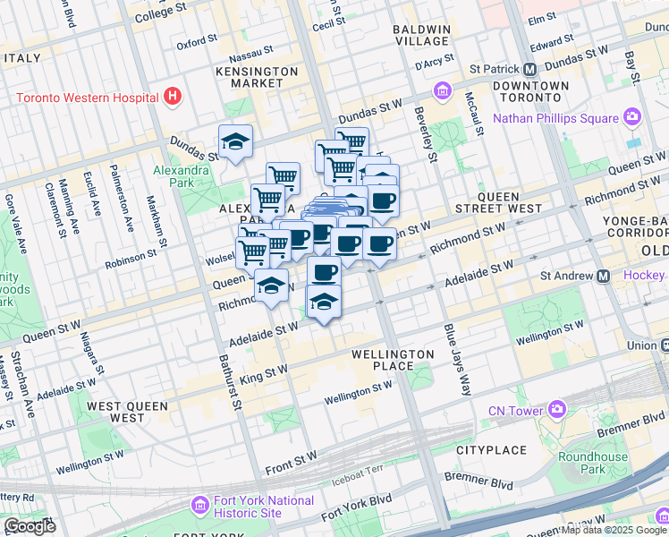 map of restaurants, bars, coffee shops, grocery stores, and more near 422 A Queen Street West in Toronto