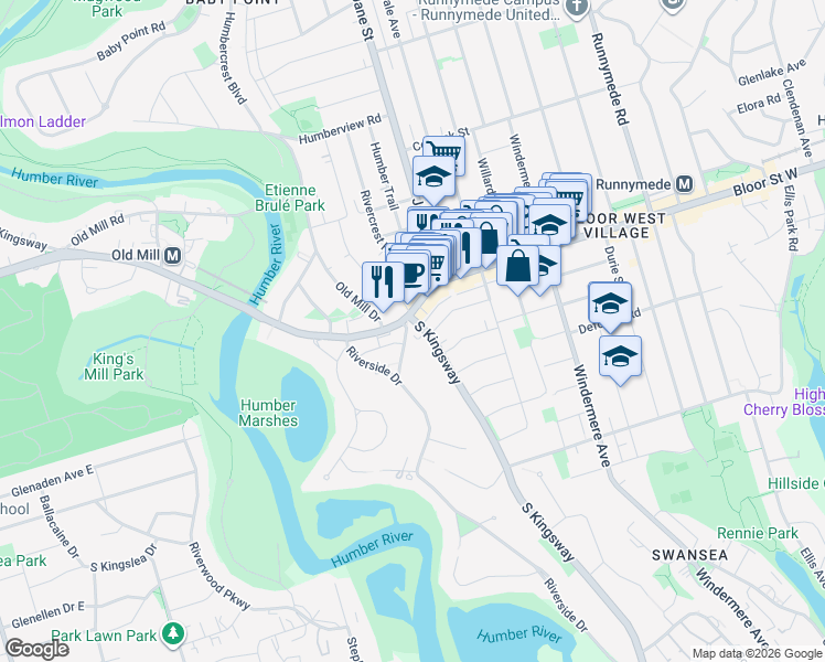 map of restaurants, bars, coffee shops, grocery stores, and more near 308 South Kingsway in Toronto