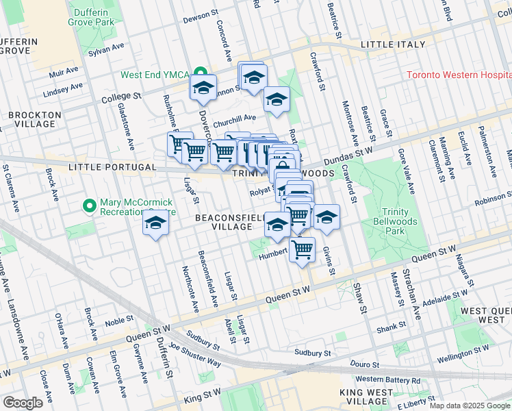 map of restaurants, bars, coffee shops, grocery stores, and more near 17 Grove Avenue in Toronto