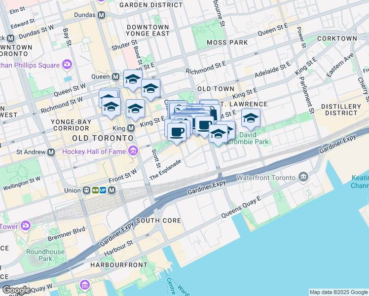 map of restaurants, bars, coffee shops, grocery stores, and more near in Toronto