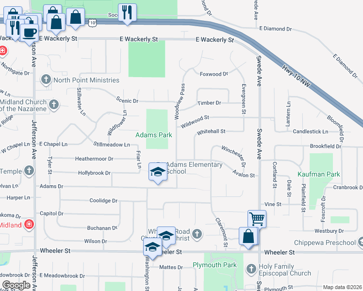 map of restaurants, bars, coffee shops, grocery stores, and more near 5601 Woodview Pass in Midland