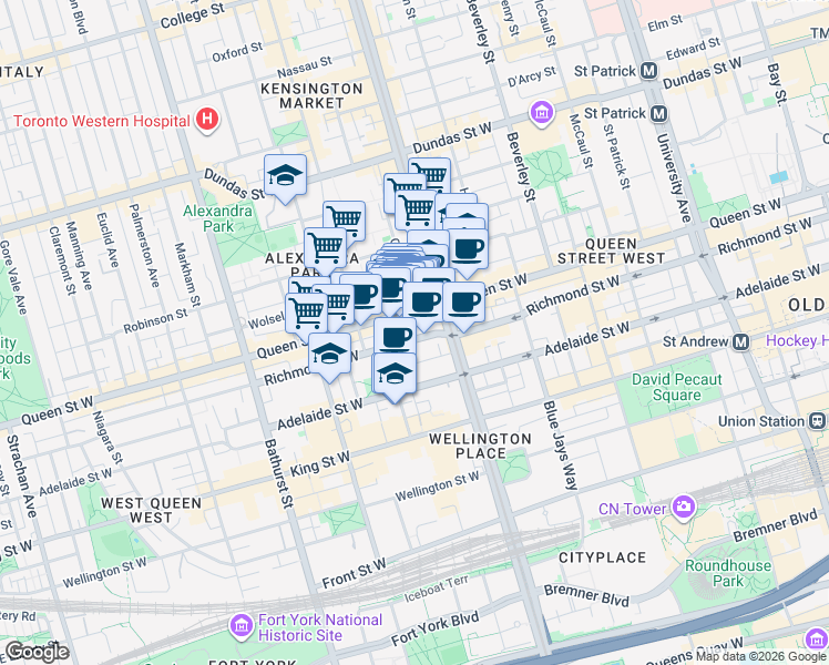 map of restaurants, bars, coffee shops, grocery stores, and more near 458 Richmond Street West in Toronto