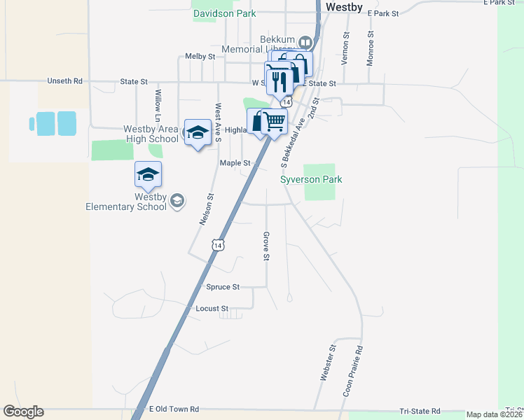map of restaurants, bars, coffee shops, grocery stores, and more near 106 Coon Prairie Road in Westby