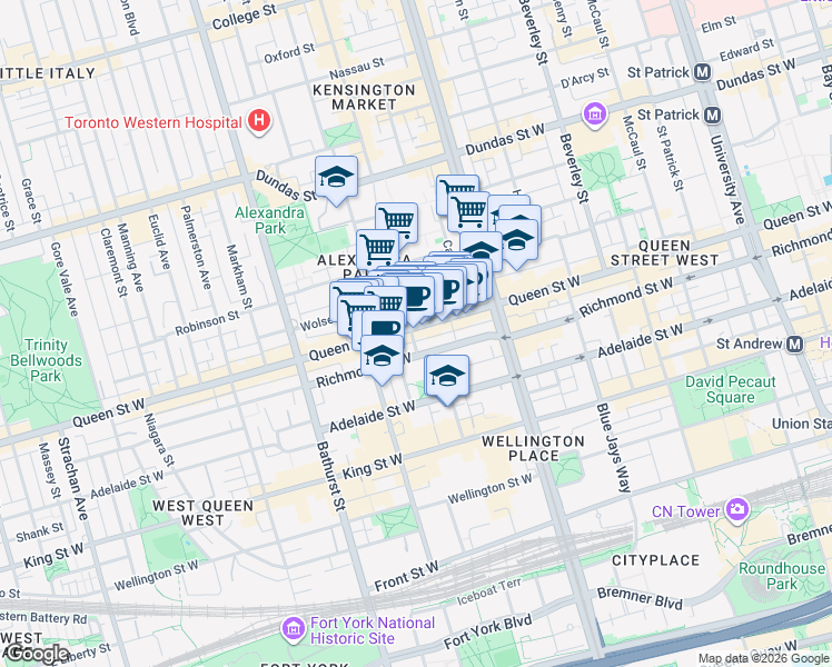 map of restaurants, bars, coffee shops, grocery stores, and more near 535 Queen Street West in Toronto