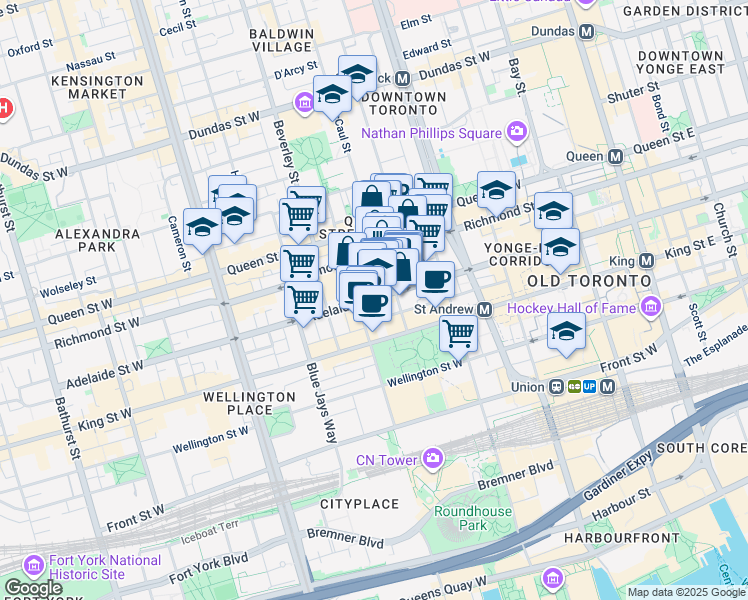 map of restaurants, bars, coffee shops, grocery stores, and more near 263 Adelaide Street West in Toronto