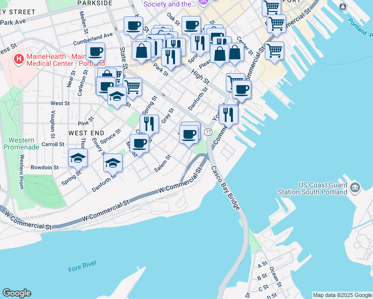 map of restaurants, bars, coffee shops, grocery stores, and more near 32 Brackett Street in Portland