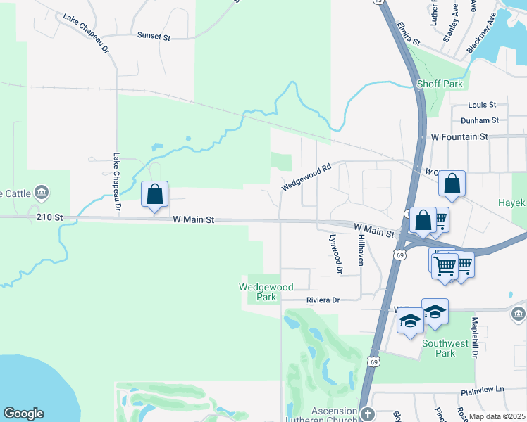 map of restaurants, bars, coffee shops, grocery stores, and more near 206 Wedgewood Road in Albert Lea