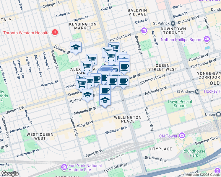 map of restaurants, bars, coffee shops, grocery stores, and more near 452 Richmond Street West in Toronto