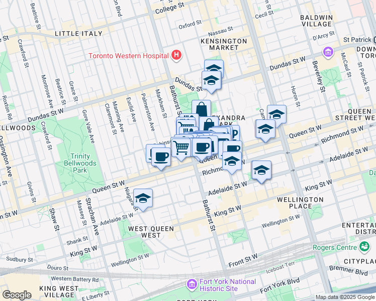 map of restaurants, bars, coffee shops, grocery stores, and more near 109 Wolseley Street in Toronto