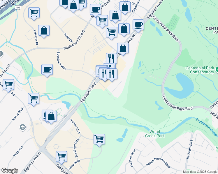 map of restaurants, bars, coffee shops, grocery stores, and more near 25 Rakely Court in Toronto